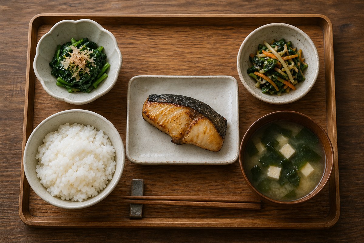 木のトレイに盛られた和定食。ごはん、汁物、焼き魚、小鉢が並んでいる