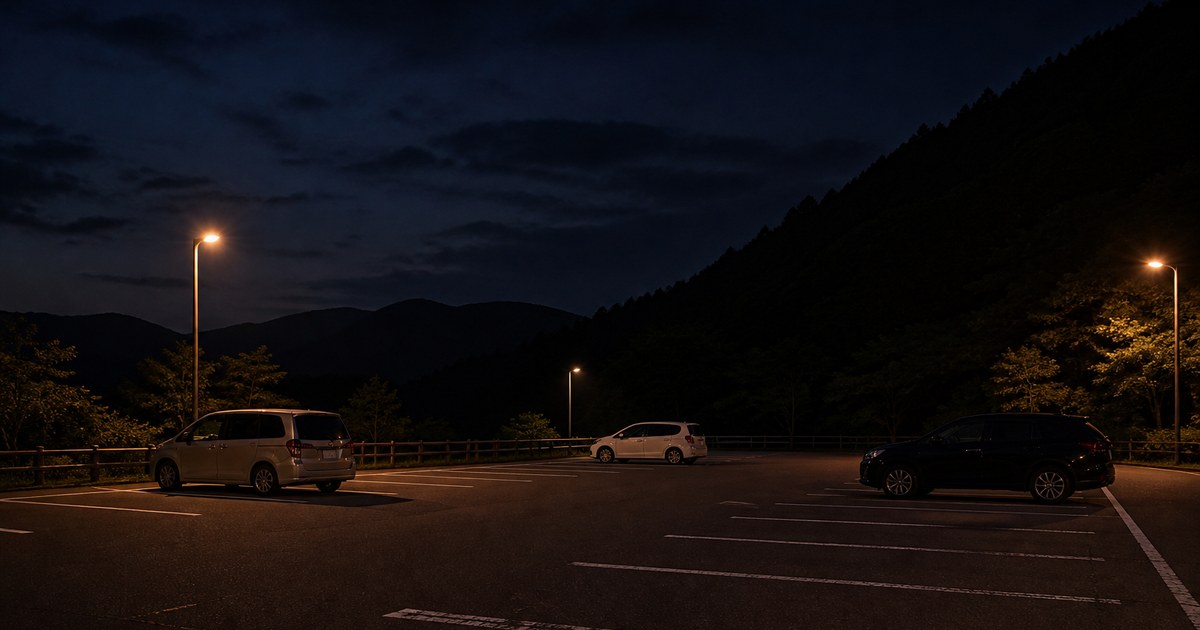 夜の道の駅の駐車場。車が数台、間隔をあけて静かに停まっている。街灯が点在し遠くに山の稜線